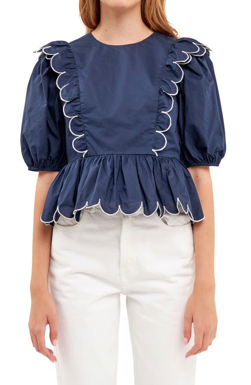 Contrast Scalloped Trim Cotton Top in Navy/White