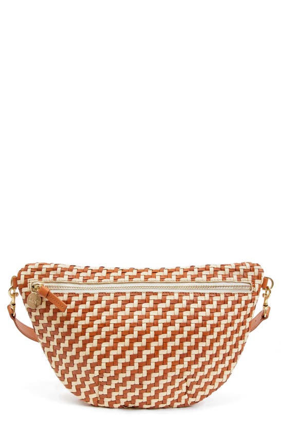 Shop Clare V Grande Woven Leather Convertible Belt Bag In Natural And Cream