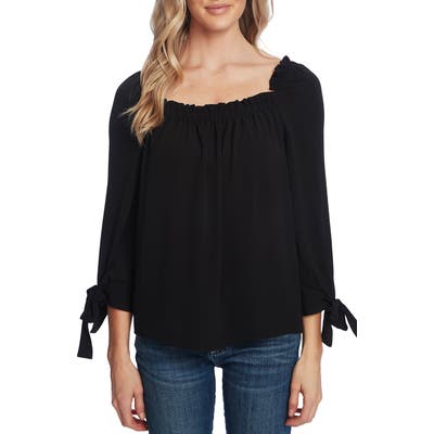 Cece Square Neck Tie Cuff Crepe Top, Black