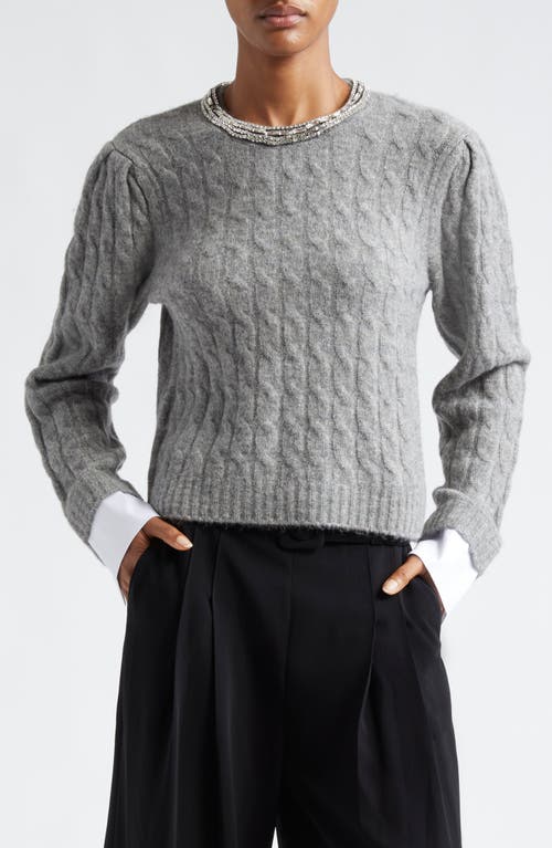 Shop Cinq À Sept Rosario Embellished Collar Cable Stitch Sweater In Light Heather Grey