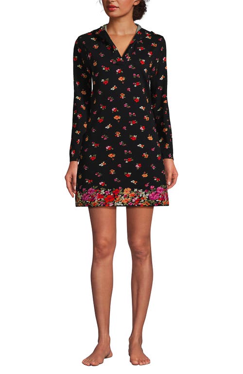 Lands' End Cotton Jersey Long Sleeve Hooded Swim Cover-up Dress In Black Meadow Floral Border