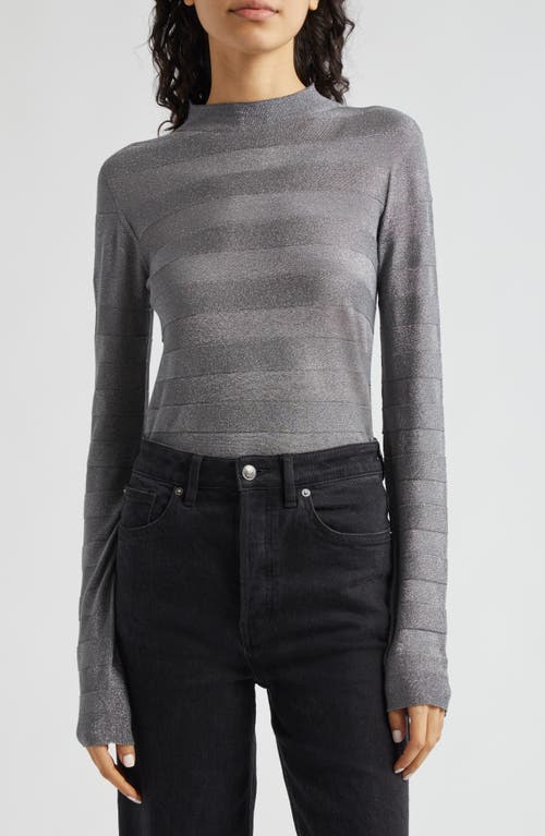 Shop Emporio Armani Stripe Metallic Mock Neck Knit Top In Solid Light Grey