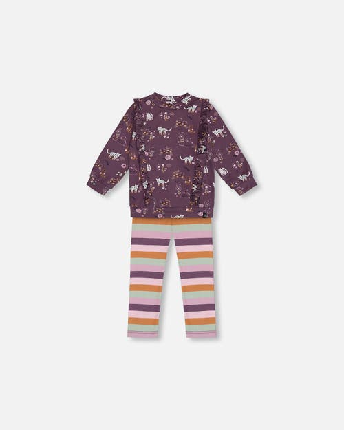 Shop Deux Par Deux Baby Girl's Tunic Mauve Printed Cats And Striped Leggings Set