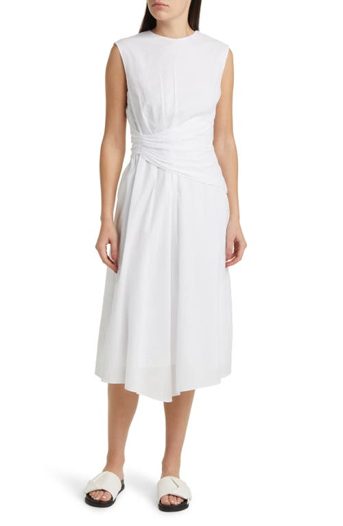 Ruched Sleeveless Cotton Midi Dress in White