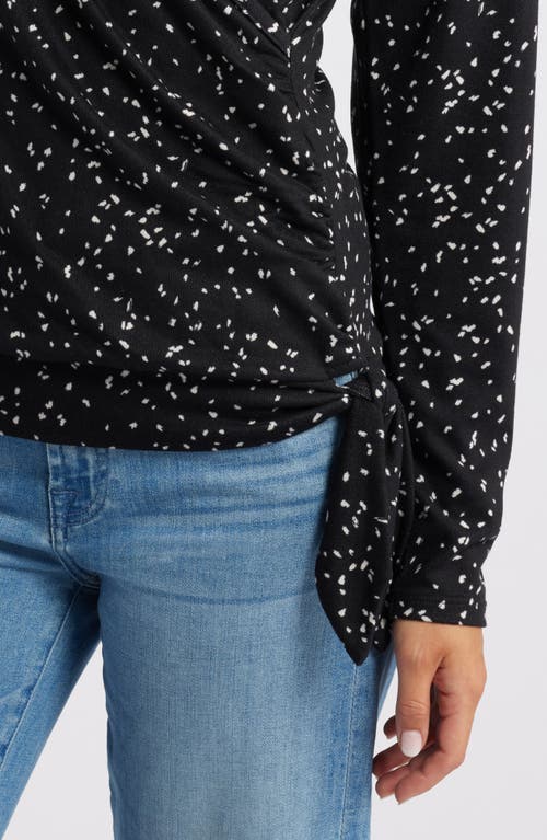 Loveappella Dot Print Faux Tie Wrap Top In Black/ Nat
