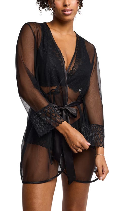 Shop Montelle Intimates Lacy Lace Trim Mesh Robe In Black