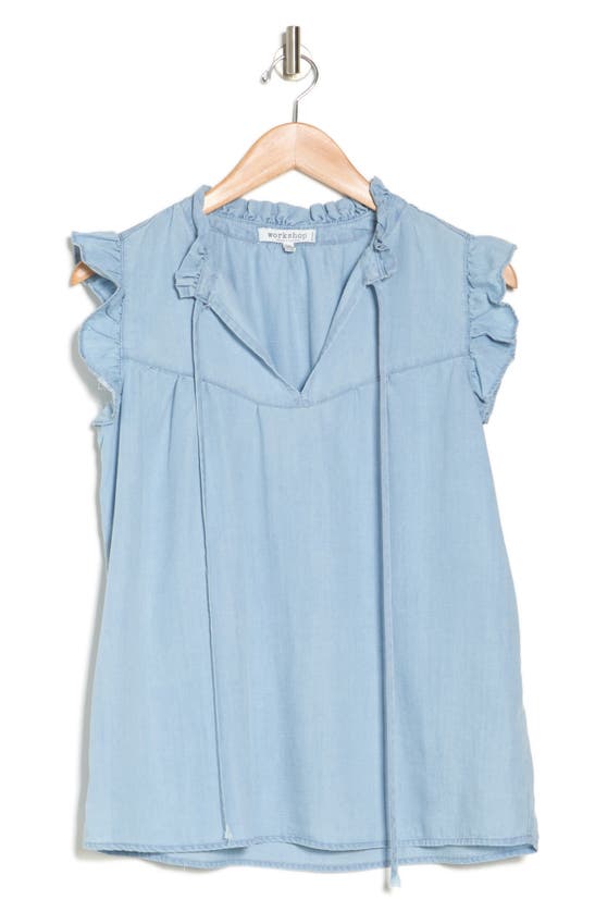 Workshop Ruffle Trim Chambray Top In Blue