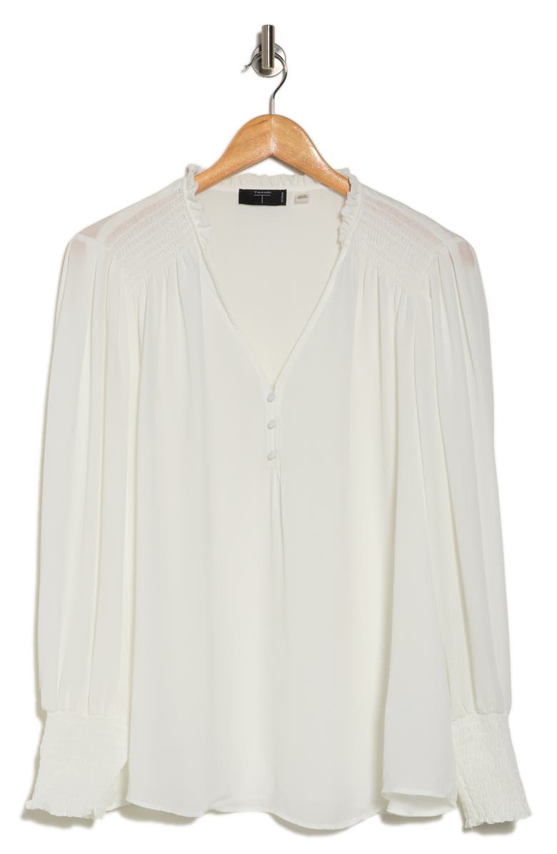 T Tahari Notched Neck Long Smocked Sleeve Ruffle Blouse | Nordstromrack