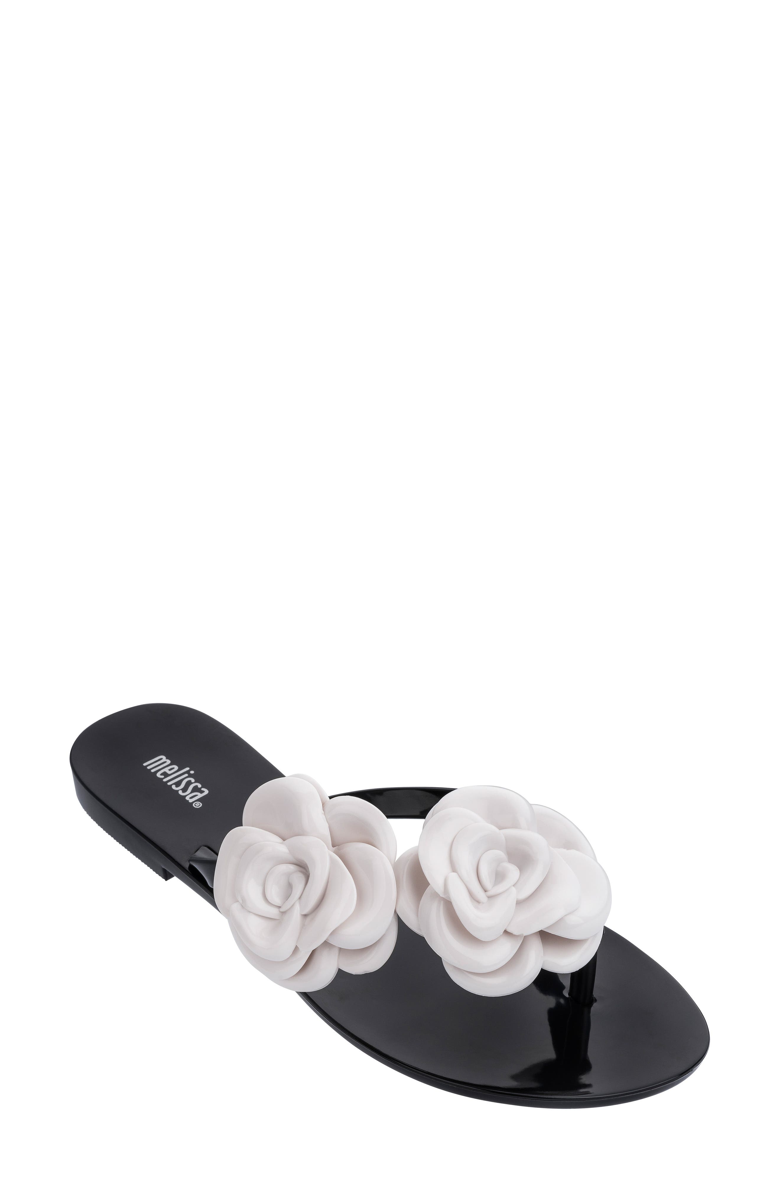 black flower flip flops