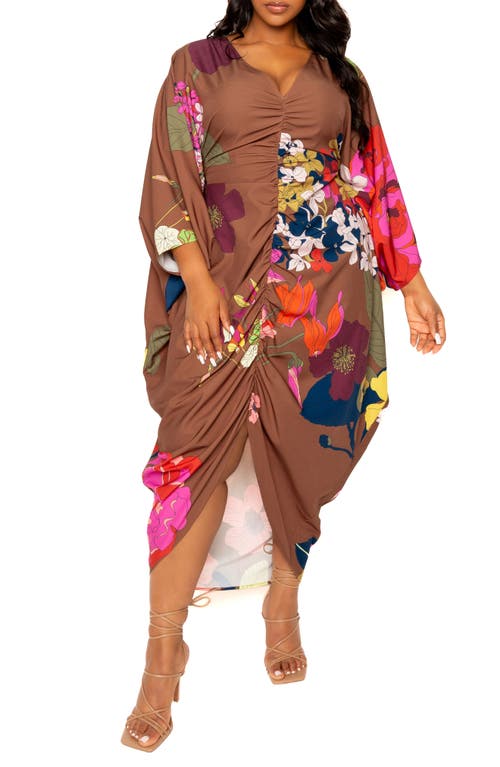 Print Cinch Waist Caftan Dress in Brown Multi