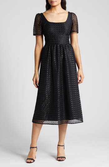 Anne Klein Puff Sleeve Geometric Lace Midi Dress | Nordstrom
