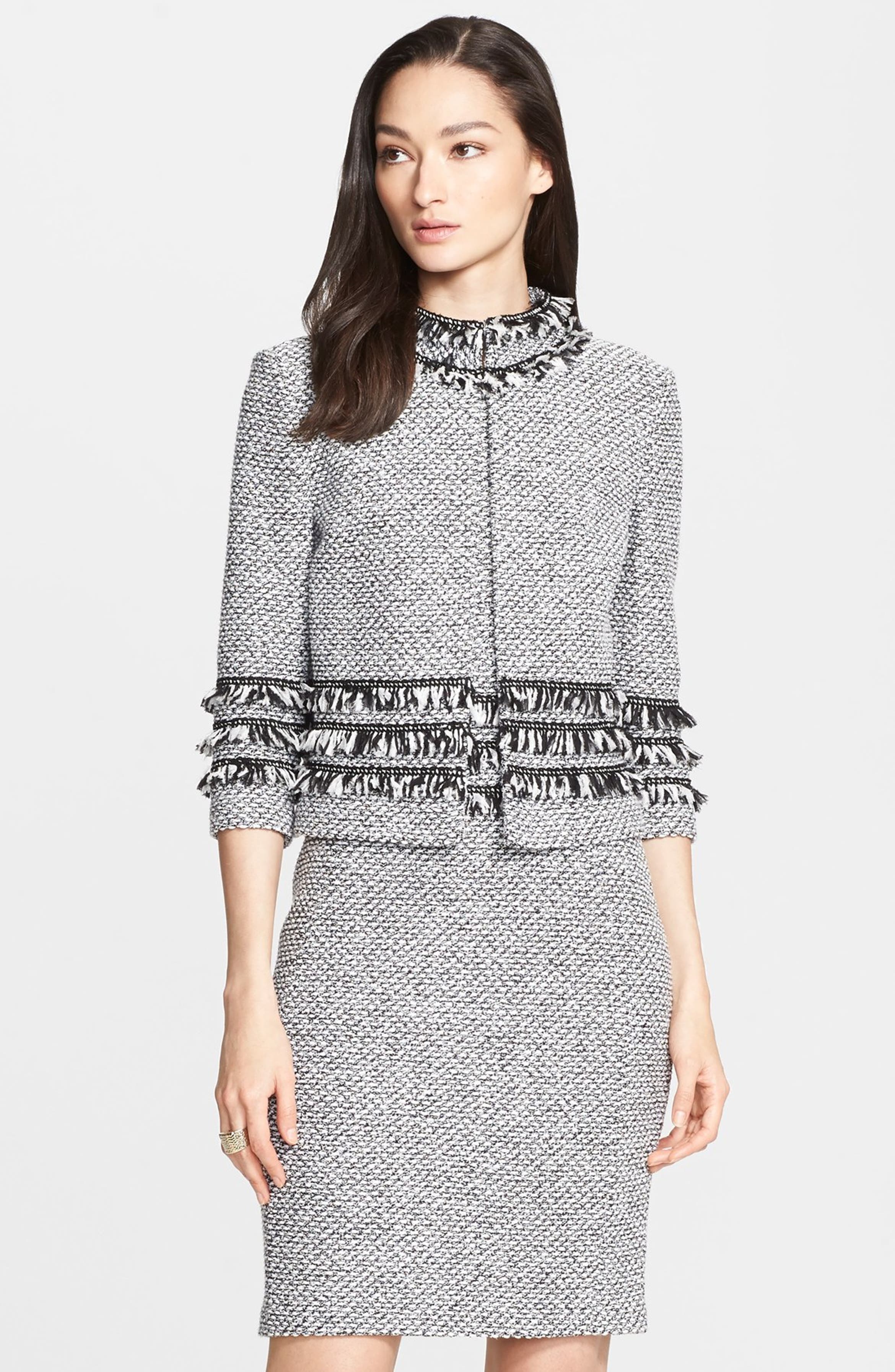 St. John Collection Marled Twill Knit Jacket with Frayed Georgette ...