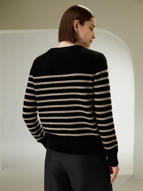 Shop Lilysilk Striped Round Collar Cashmere Sweater In Black