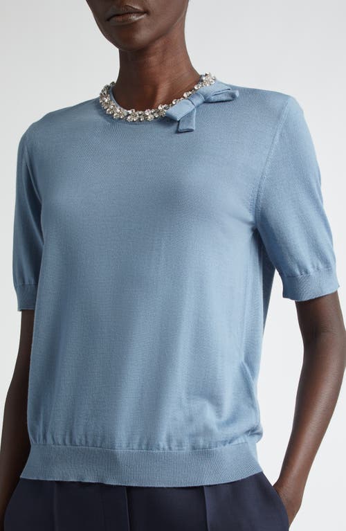 Shop Valentino Garavani Bow Crystal Embellished Short Sleeve Virgin Wool Sweater In Light Blue