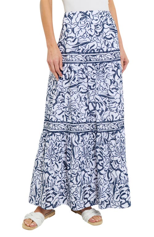 Misook Tiered Floral Embroidery Maxi Skirt In Mazarine/white