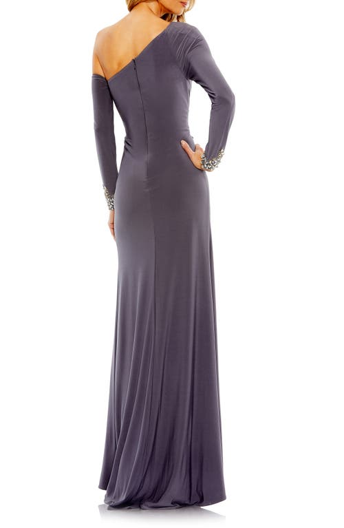 Shop Mac Duggal One-shoulder Long Sleeve Jersey Gown In Charcoal