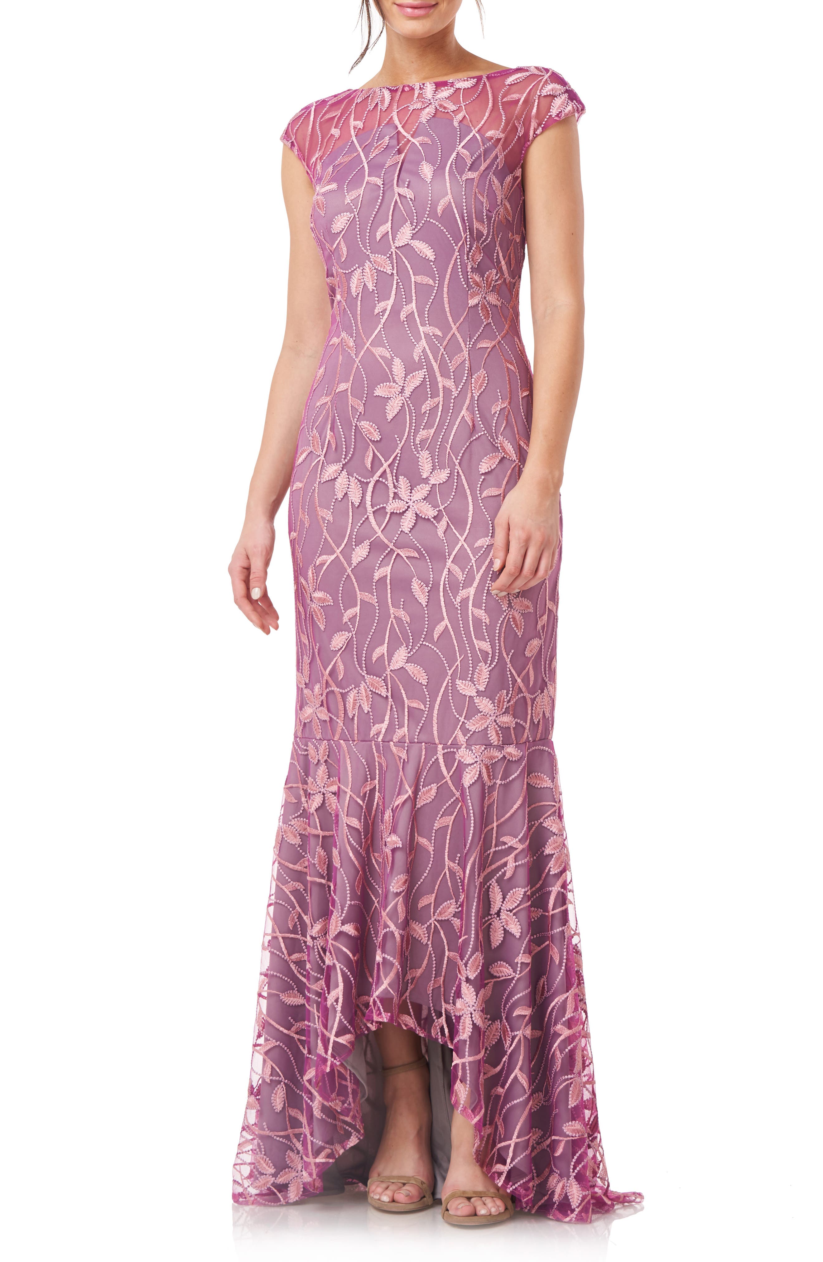 js collections embroidered illusion bodice gown