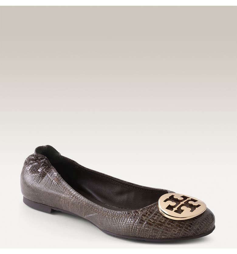 TORY BURCH 'Reva' Lizard Embossed Leather Flat, Main, color, OLIVE