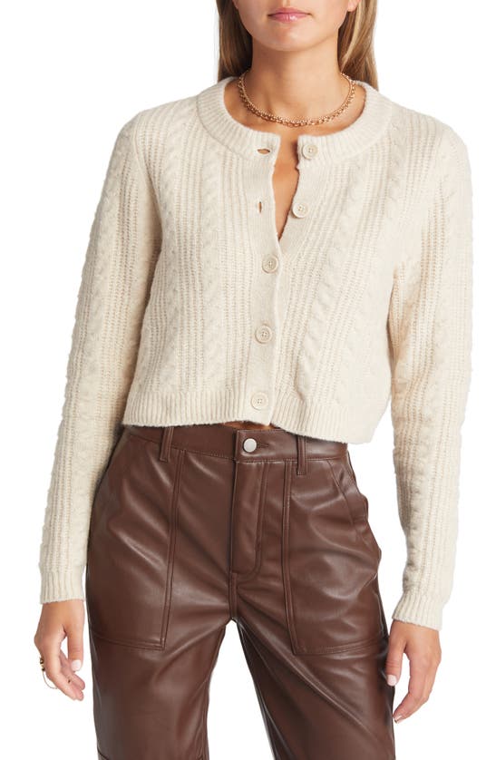 Open Edit Cable Knit Crop Cardigan In Beige Oatmeal Medium Heather