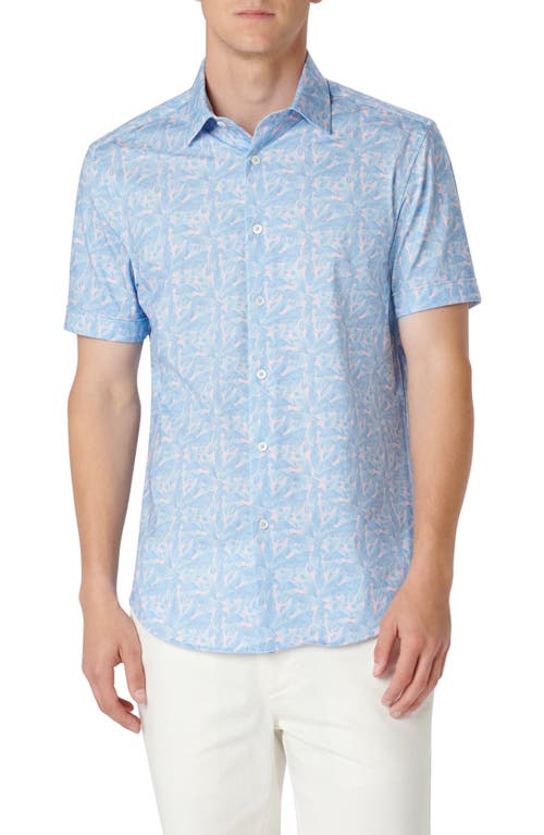 Shop Bugatchi Miles Ooohcotton® Leaf Print Short Sleeve Button-up Shirt In Blue/pink