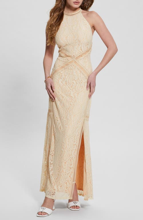 Guess Women's New Liza Lace Halter Sleeveless Gown In Pearl Oyster