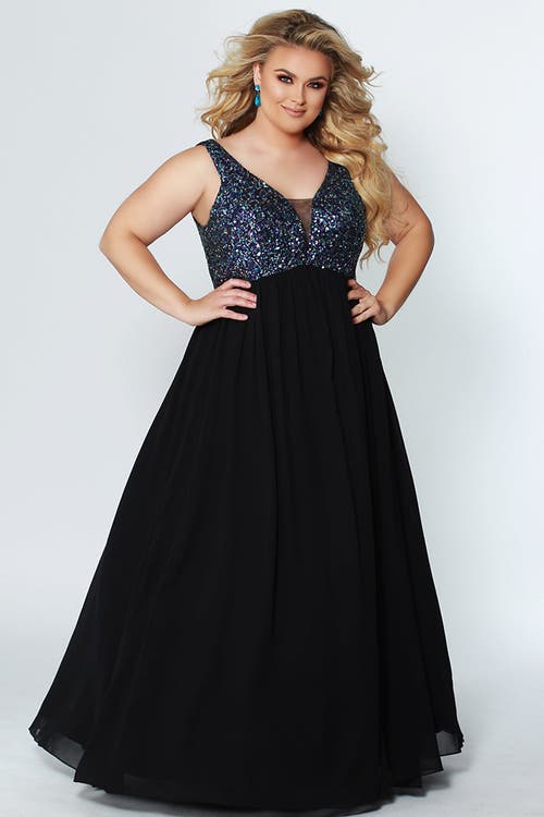 Celebrations By Sydneys Closet Sequin Empire Plus Size Evening Gown In Black/multi