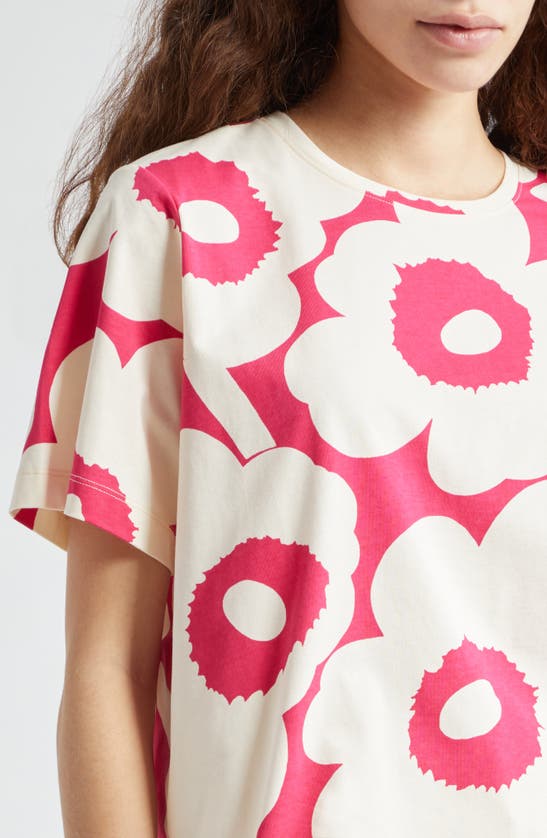 Shop Marimekko Tunnit Unikko Floral Cotton T-shirt In Off-white/ Fuchsia