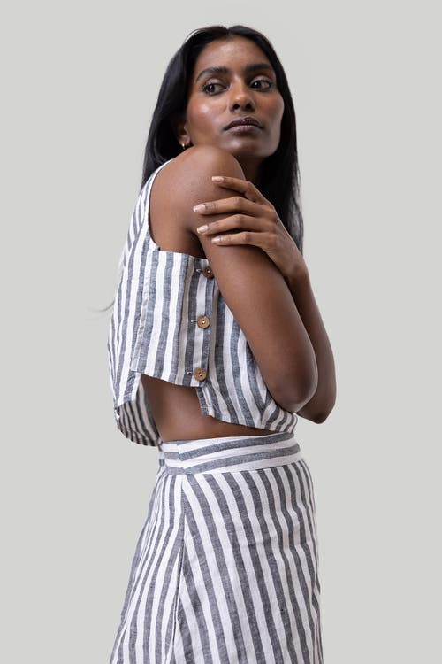 Shop Reistor Boxy Crop Top In Striped Linen (sl)