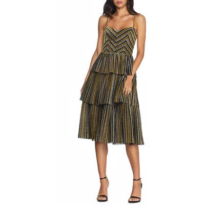 Dress The Population Kathy Glitter Stripe Tiered Ruffle Cocktail Dress, Metallic