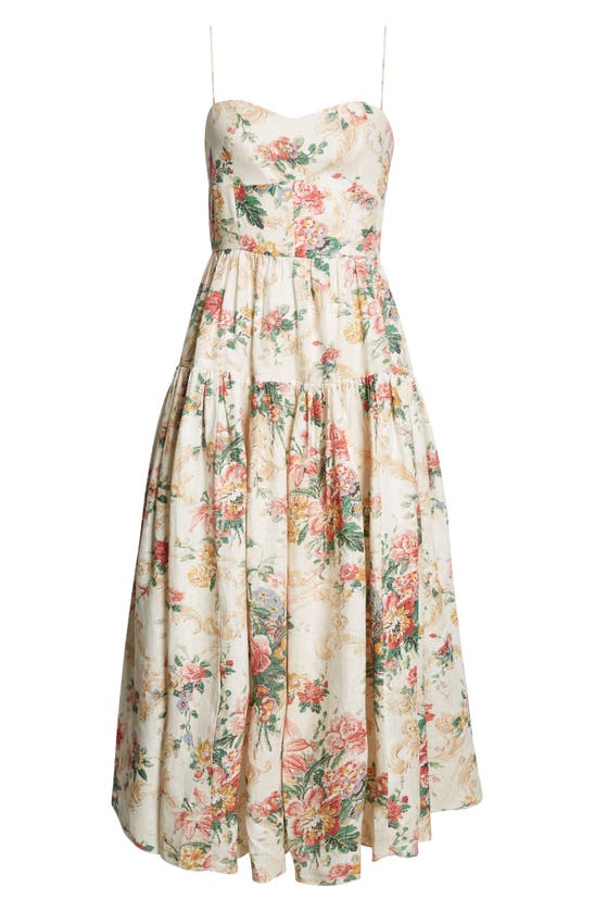 Shop Erdem Floral Tiered Linen Fit & Flare Dress In Ecru And Multi