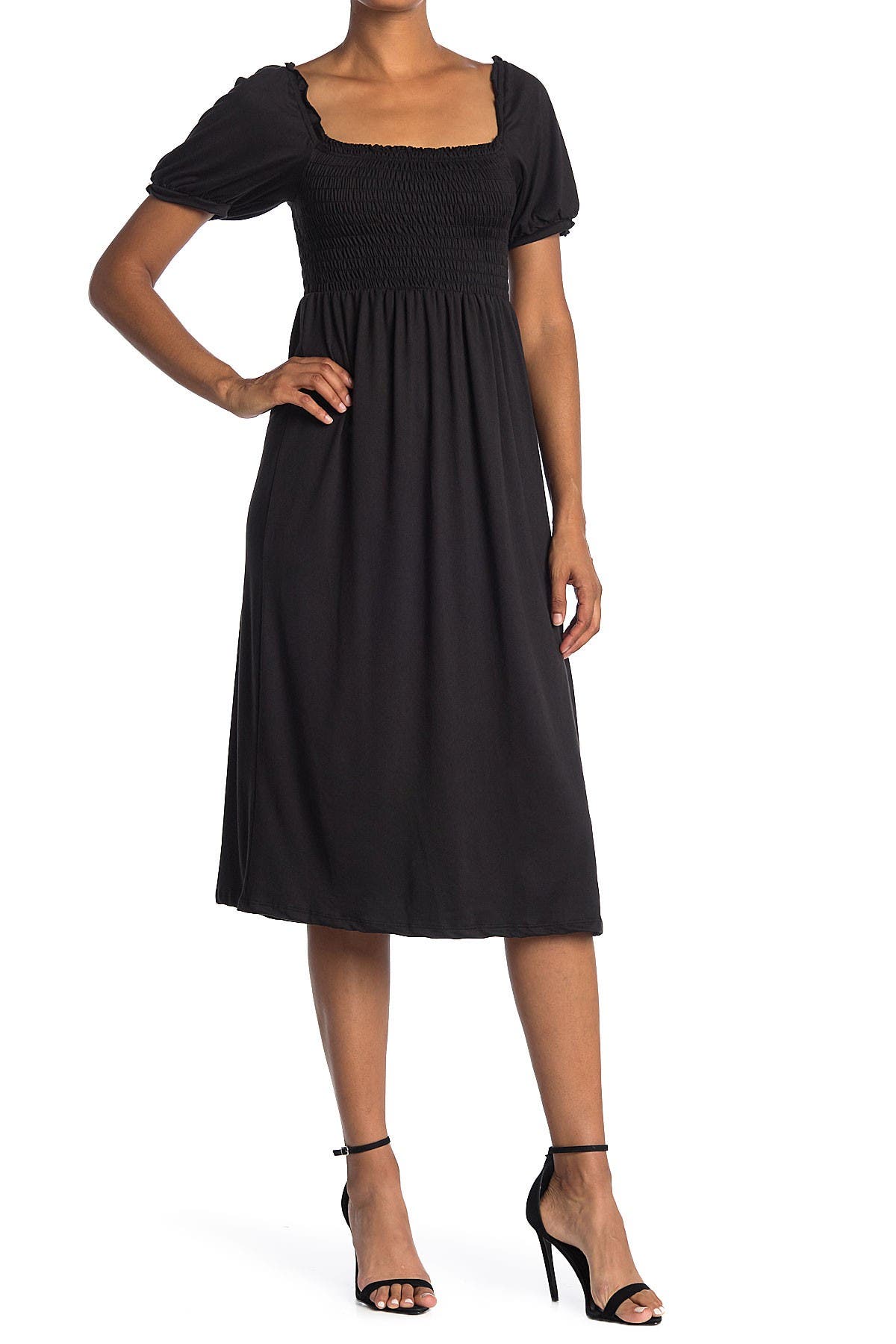 Velvet Torch Smocked Puff Sleeve Midi Dress In Black ModeSens