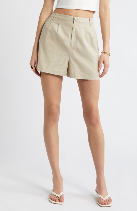 Shop Open Edit High Waist Linen Blend Shorts In Tan Oxford