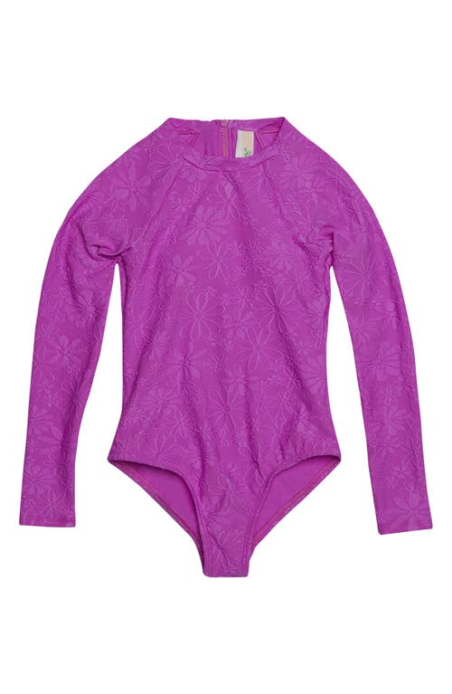 Hobie Kids' Long Sleeve Jacquard One-Piece Rashguard Swimsuit in Violet 