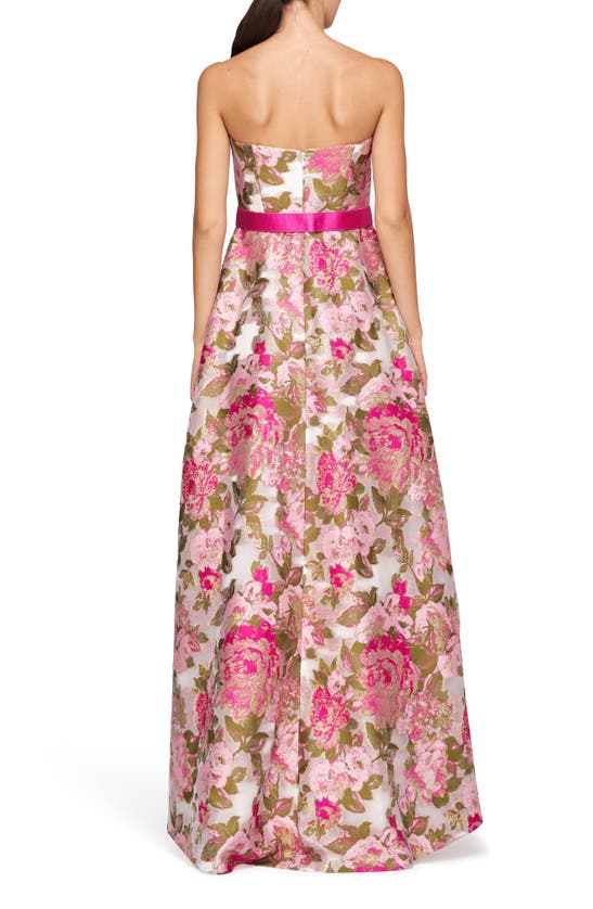 Shop Kay Unger Bella Floral Jacquard Metallic Belted High-low Gown In Wild Raspberry