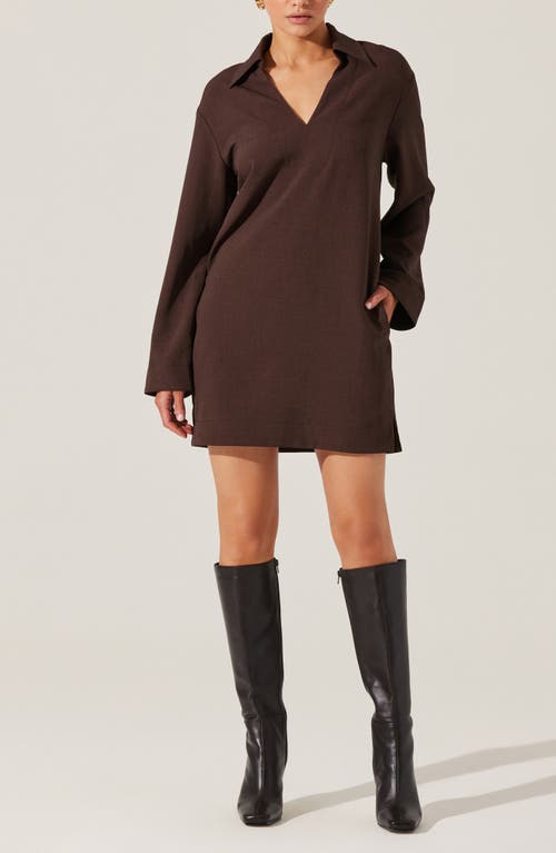 Astr The Label Collar Long Sleeve Shift Dress In Dark Brown