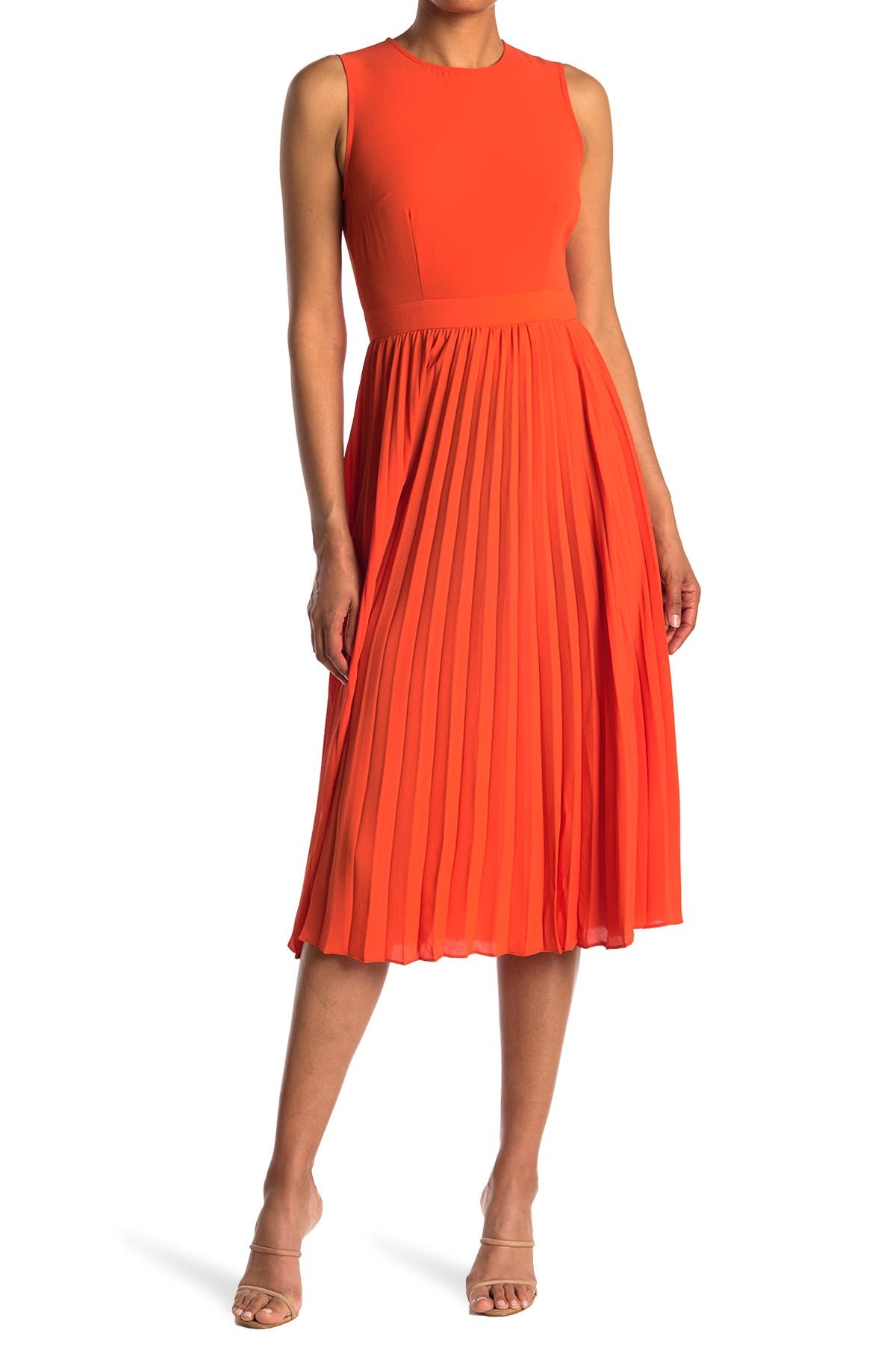 Donna Morgan Sleeveless Pleated Midi Dress In Bright Orange