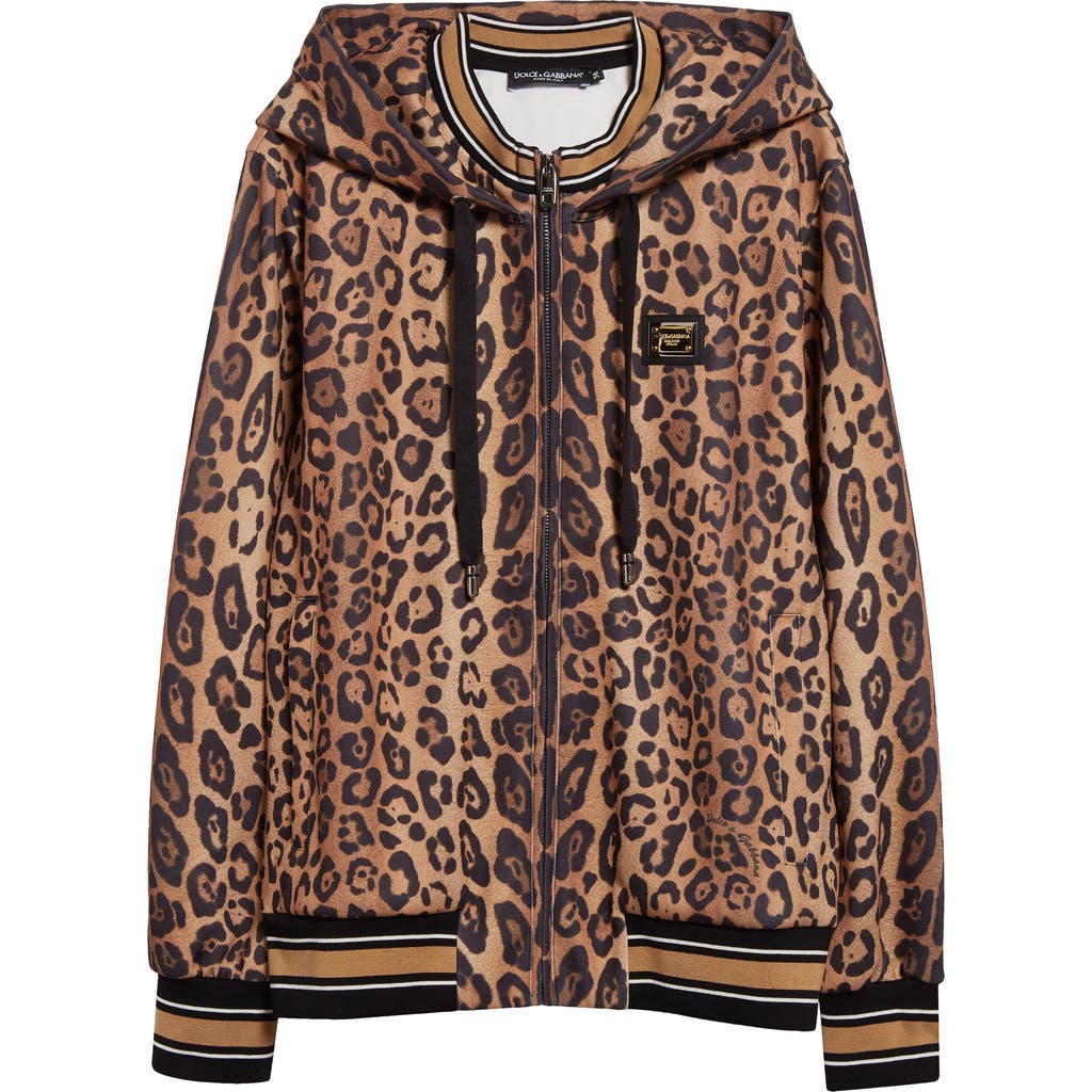 Dolce & Gabbana Zip-up Jersey Hoodie With Leopard Print In Leopard