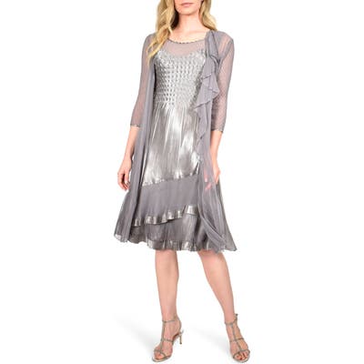 Petite Komarov Tiered Hem Cocktail Dress With Chiffon Jacket, Grey