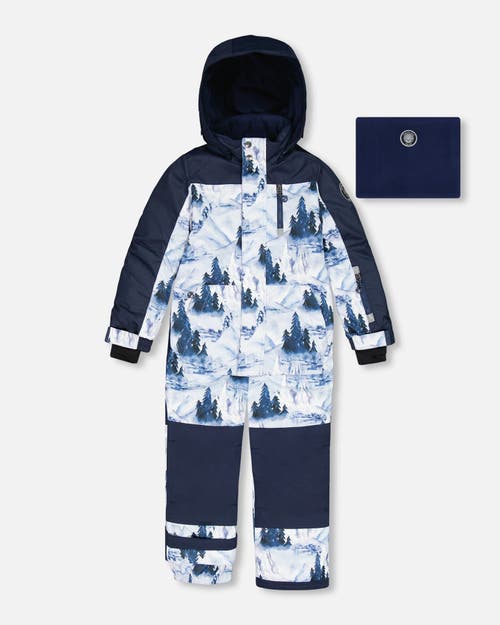 Deux Par Deux Babies'  Little Boy's One Piece Snowsuit Navy Blue Watercolor Pine Print In Printed Watercolor Fir Trees