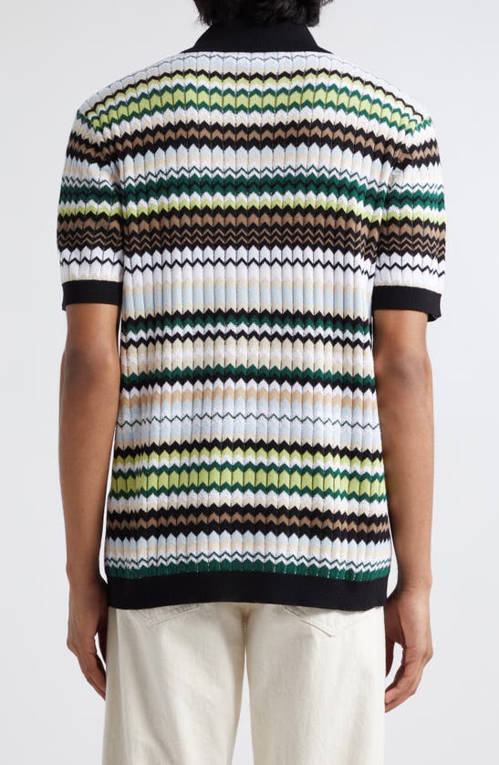Shop Missoni Chevron Knit Short Sleeve Polo Sweater In Green Beige Tones