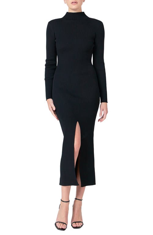 Endless Rose Mock Neck Long Sleeve Rib Midi Dress in Black 