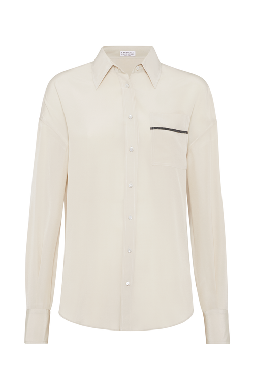 Shop Brunello Cucinelli Silk Crêpe De Chine Shirt With Shiny Pocket Detail In Sand