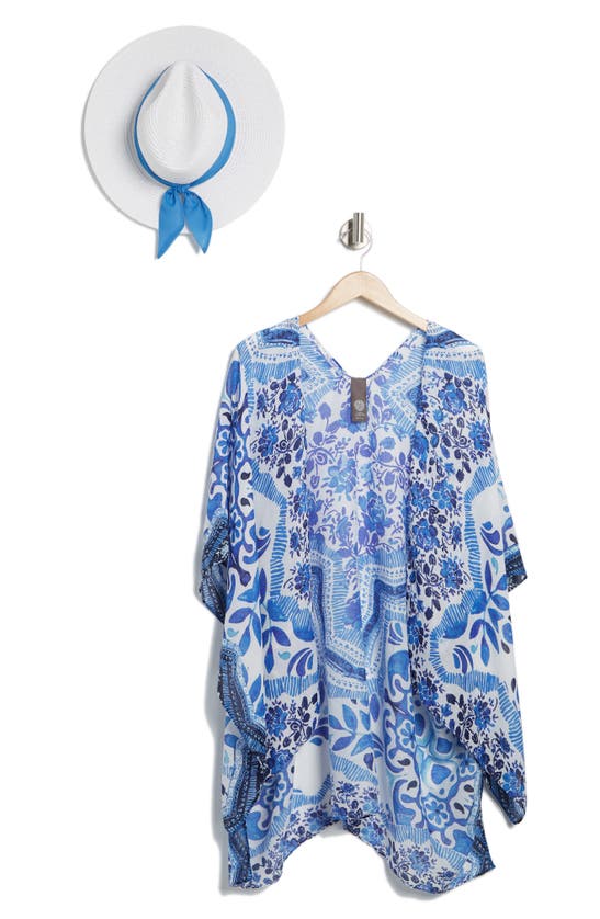 Vince Camuto Print Ruana & Panama Hat Set In Blue