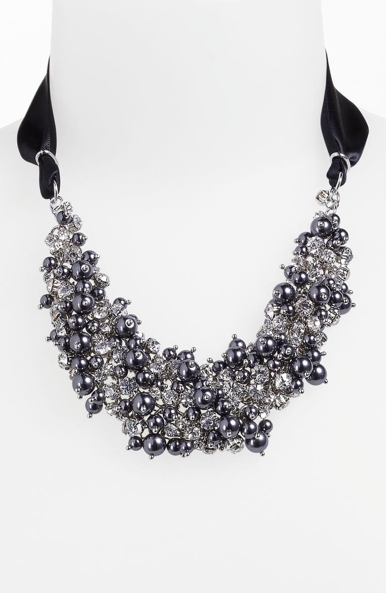 NINA 'Melaney' Ribbon & Cluster Bib Necklace, Main, color, BLACK PEARL/ CLEAR CRYSTAL