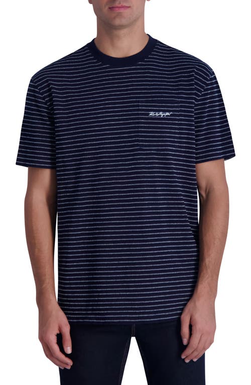 KARL LAGERFELD PARIS Logo Embroidered Stripe Pocket T-Shirt in Navy Multi 