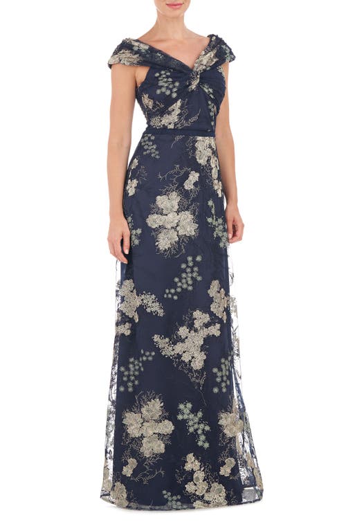 Shop Js Collections Camilla Twist Floral Embroidered A-line Gown In Navy/jade