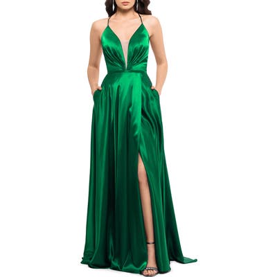 Betsy & Adam Plunging Satin Ballgown, Green