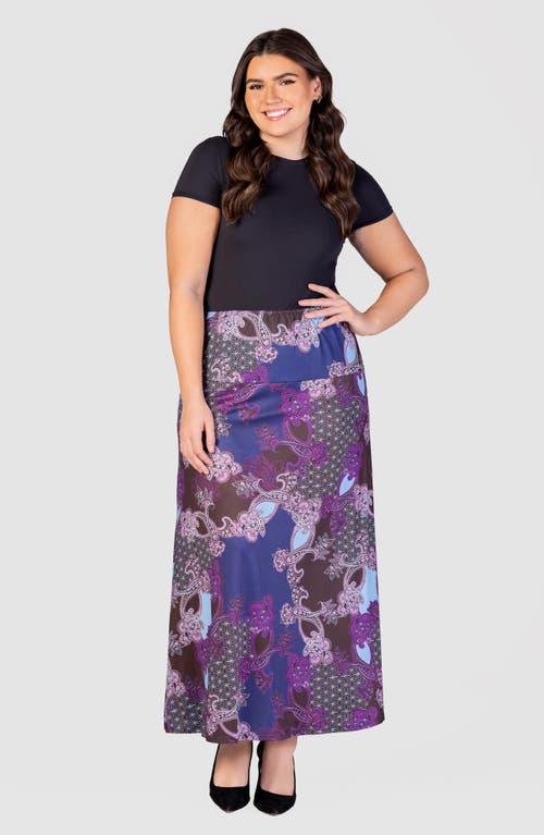 Shop 24seven Comfort Apparel Paisley Print Jersey Maxi Skirt In Purple Multi