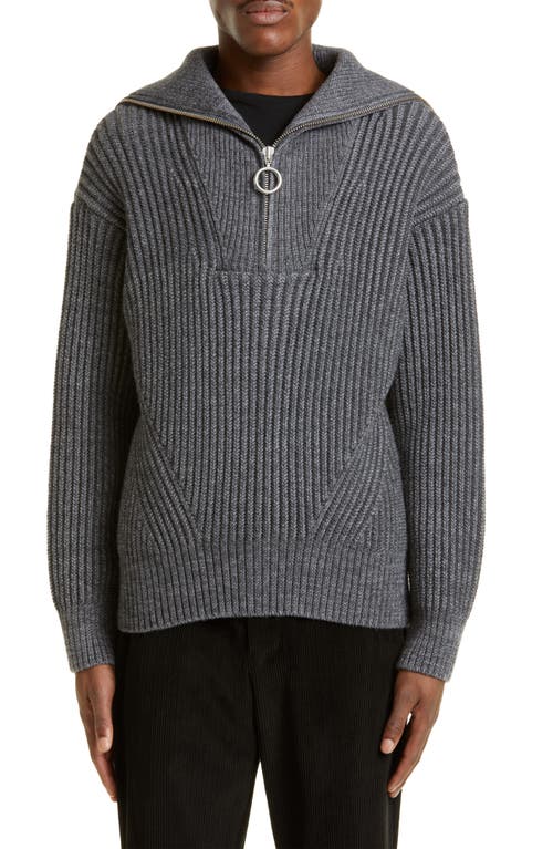 AMI PARIS Rib Virgin Wool Quarter Zip Sweater in Heather Grey/055