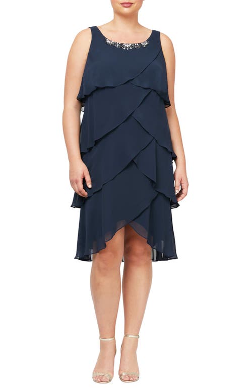 Shop Sl Fashions Chiffon Tier Dress & Jacket In Navy